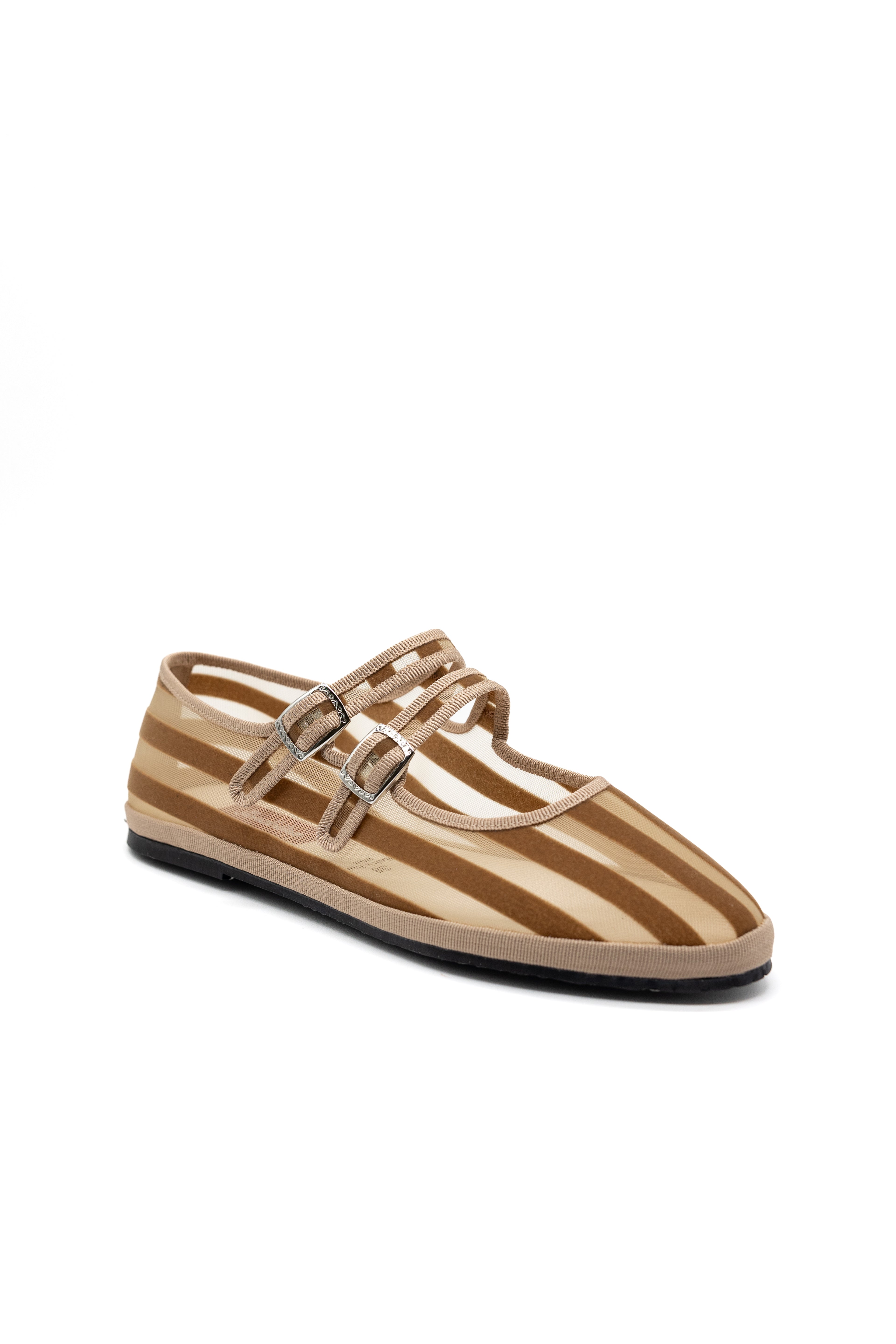 Made in Italy Gondolina mesh Mary Jane shoes in brown stripes, angled view