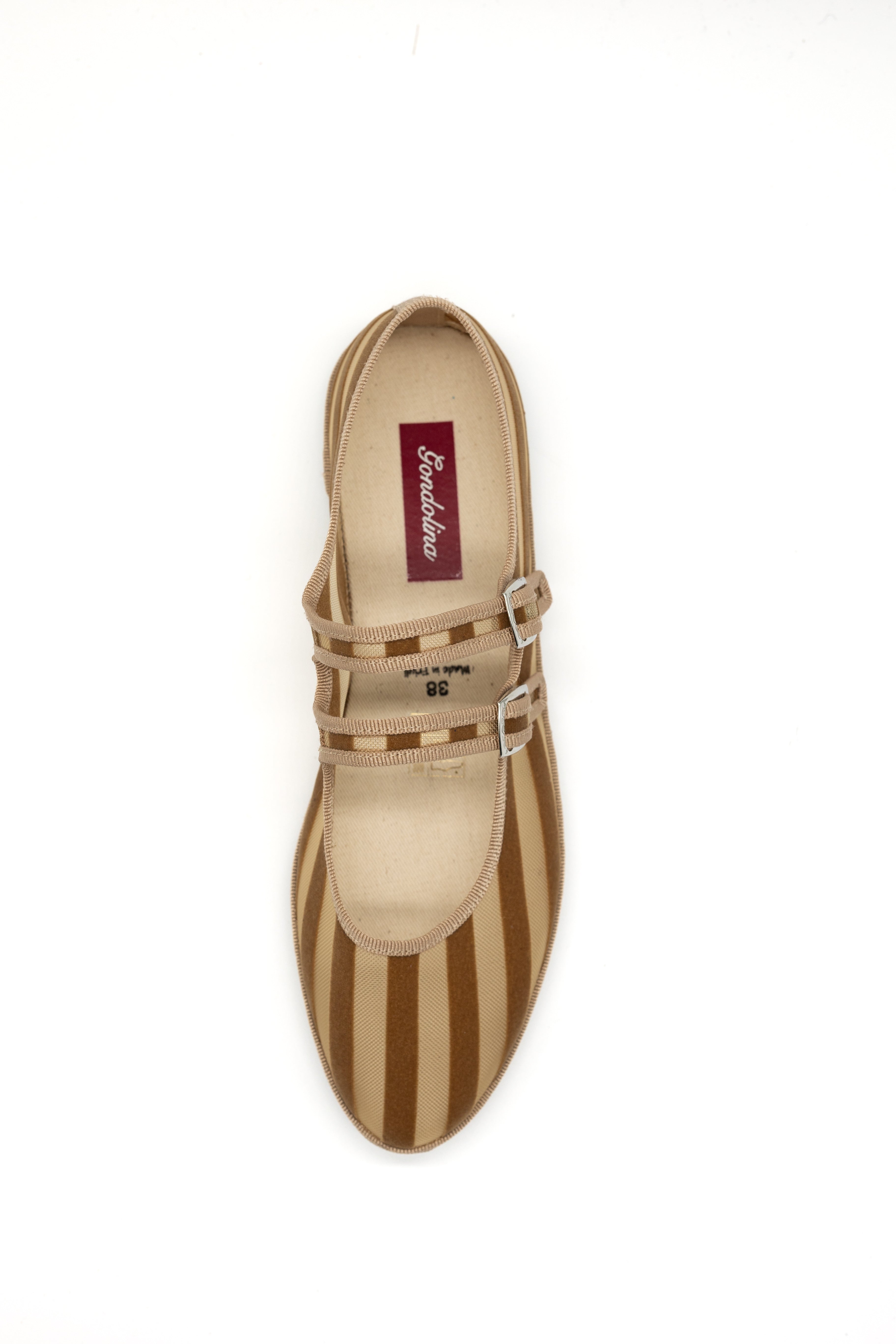 Made in Italy Gondolina mesh Mary Jane shoes in brown stripes, top view