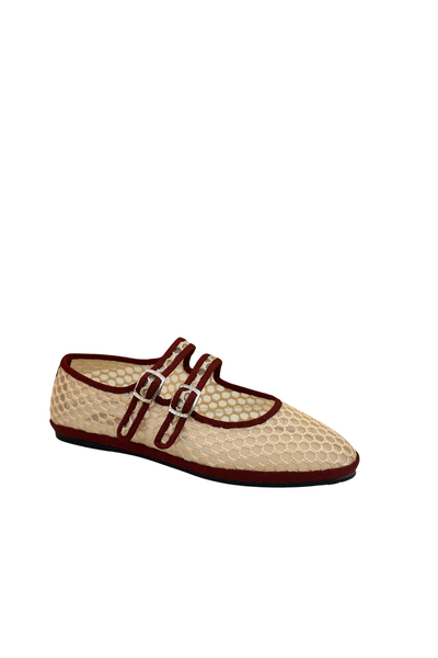 Made in Italy Gondolina mesh Mary Jane shoes in beige and burgundy mesh, angled view
