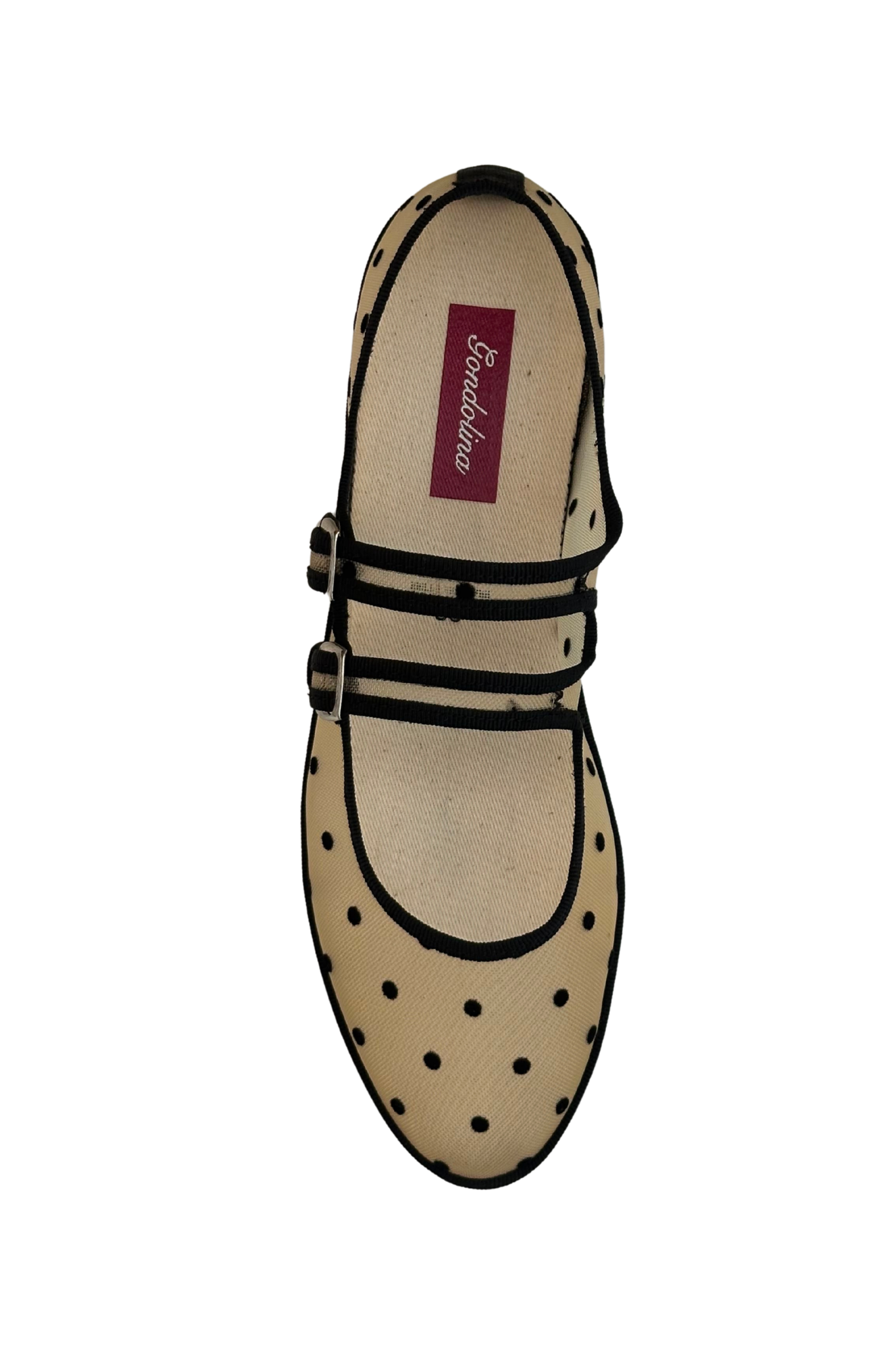 Made in Italy Gondolina mesh Mary Jane shoes in black and white polka dots, top view