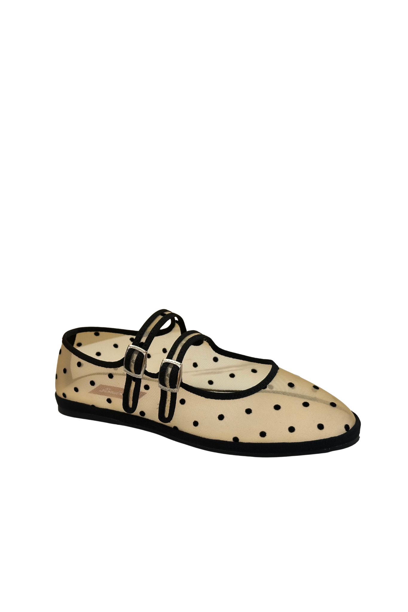 Made in Italy Gondolina mesh Mary Jane shoes in black and white polka dots, angled view