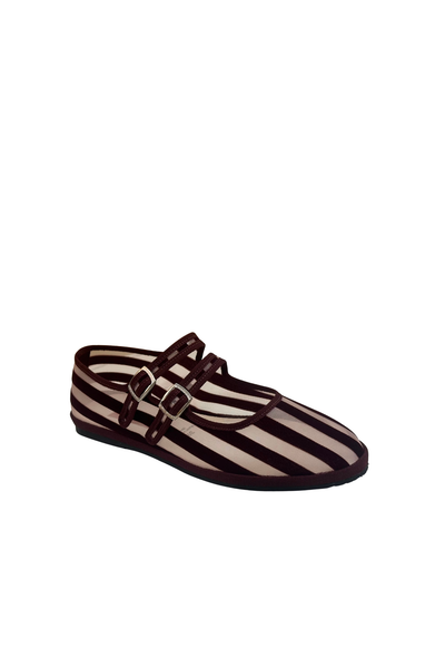 Made in Italy Gondolina Shoes Murazzi Mary Jane mesh in burgundy stripes, angled view