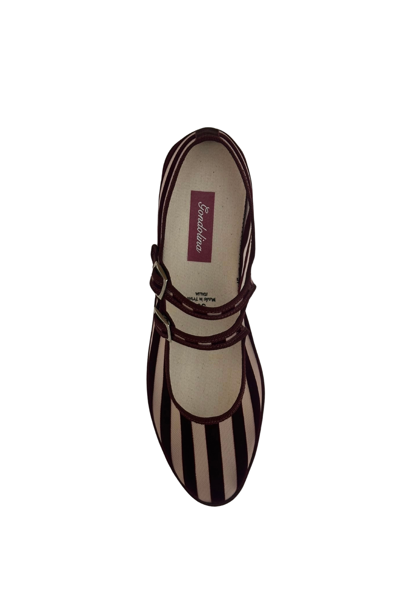 Made in Italy Gondolina Shoes Murazzi Mary Jane mesh in burgundy stripes, top view