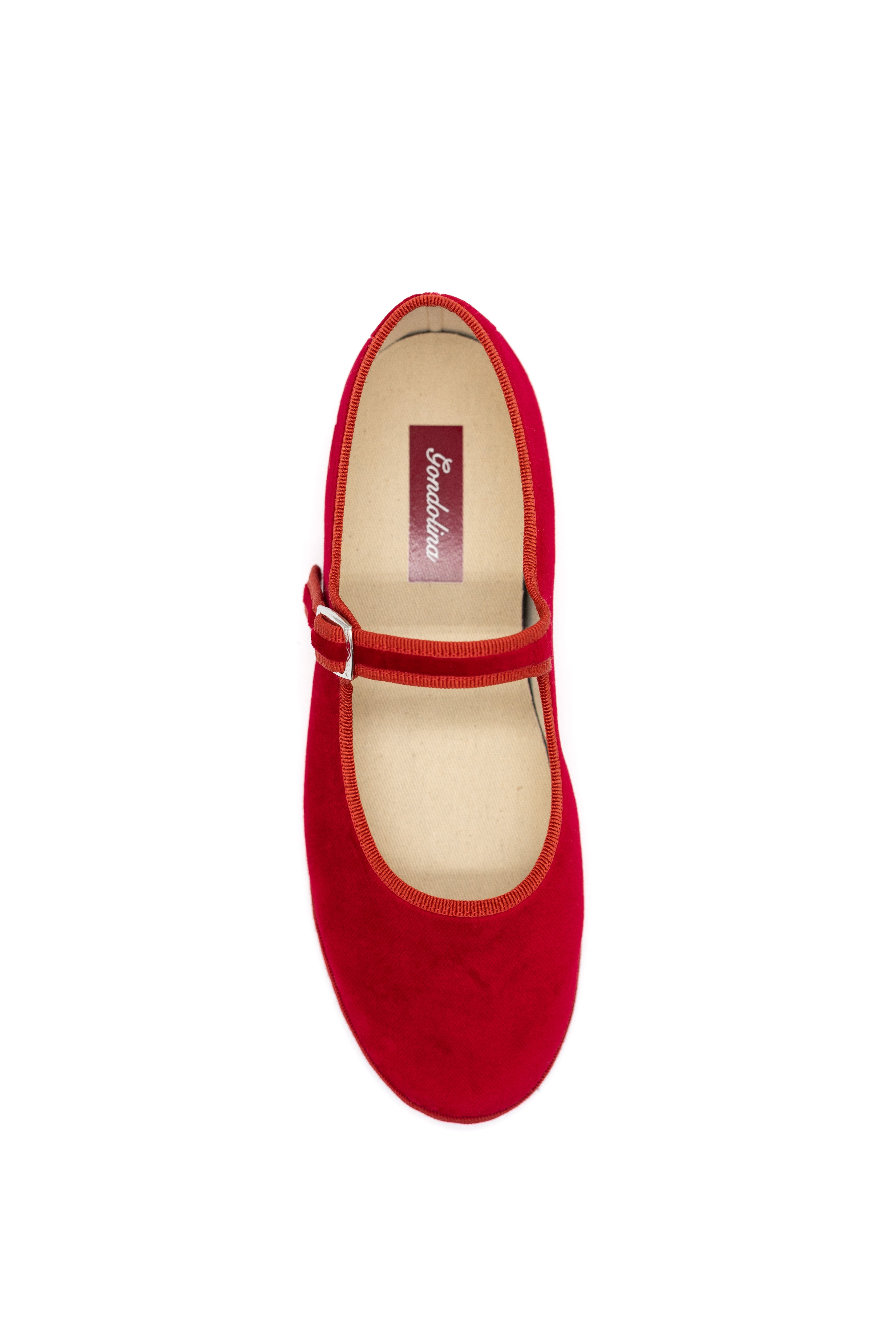 Handcrafted Gondolina Opera Mary Jane in red velvet, featuring authentic Venetian design, top view
