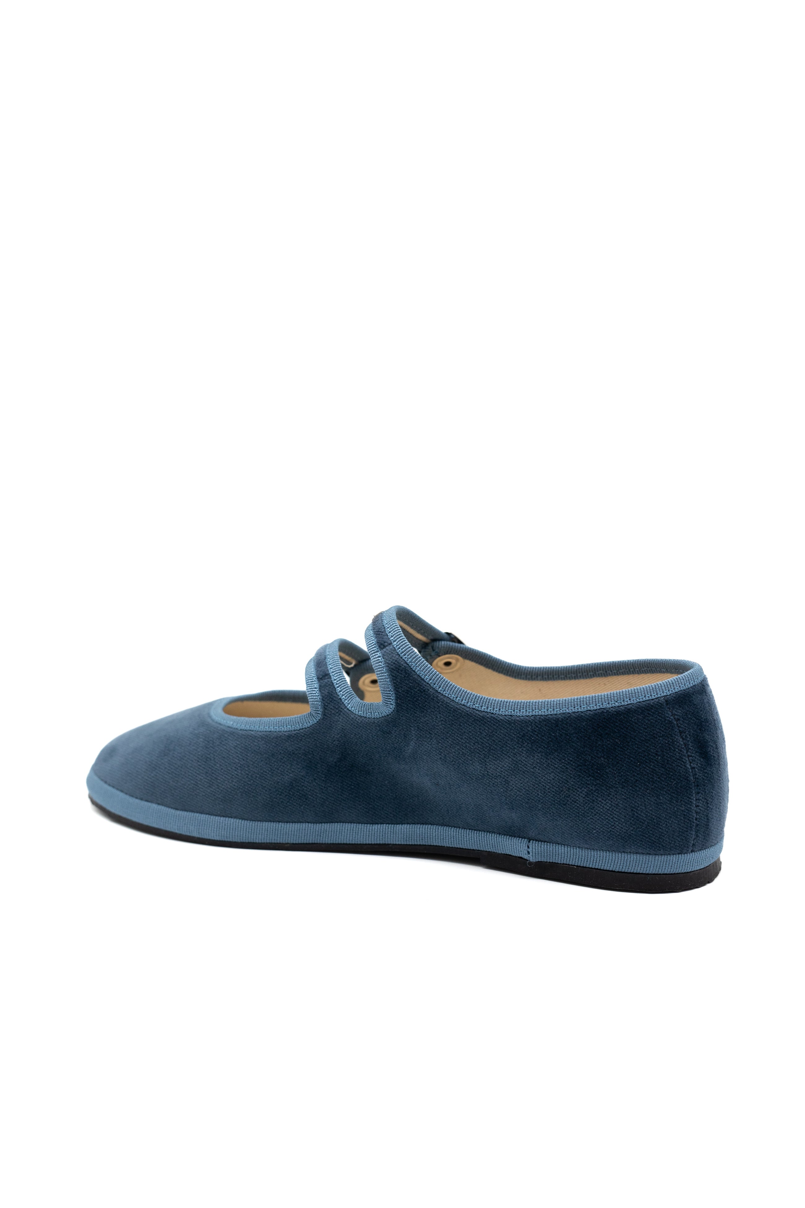 Handcrafted Gondolina Rialto Mary Jane in light blue velvet, featuring authentic Venetian design, back view