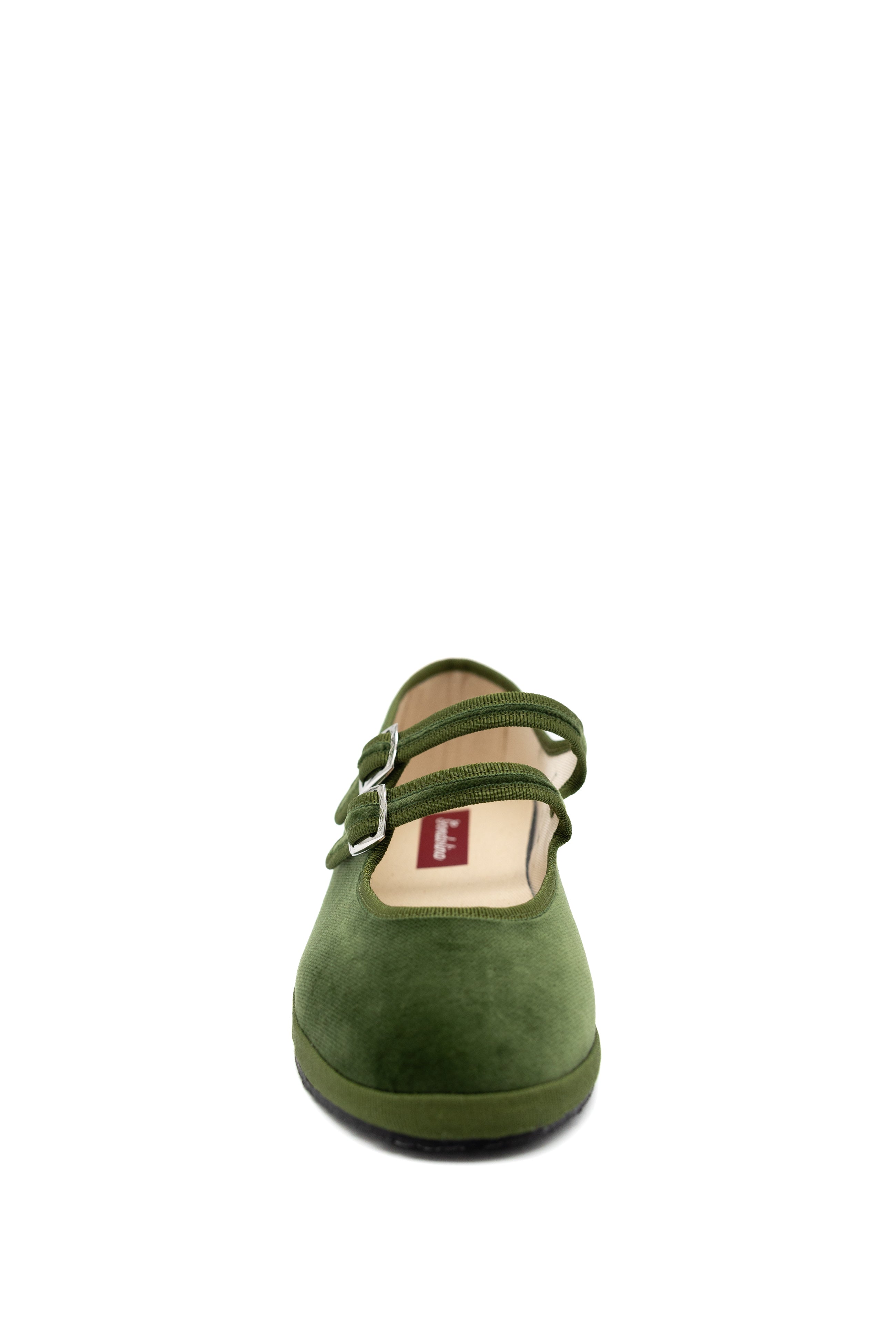 Handcrafted Gondolina Sofia Mary Jane in light green velvet, featuring authentic Venetian design, front view