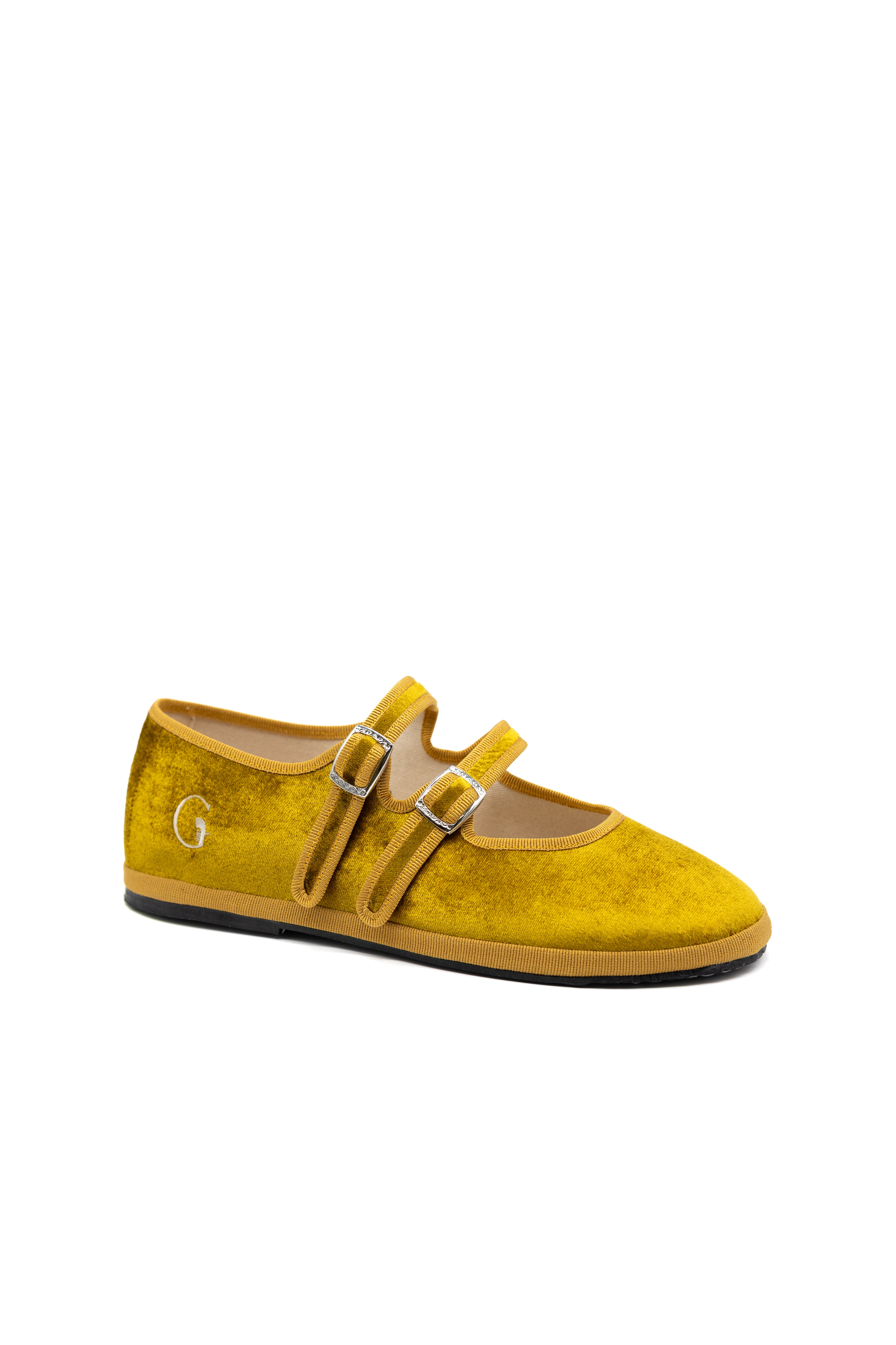 Gondolina Shoes Sospiri Mary Jane in gold yellow silk velvet, angled view