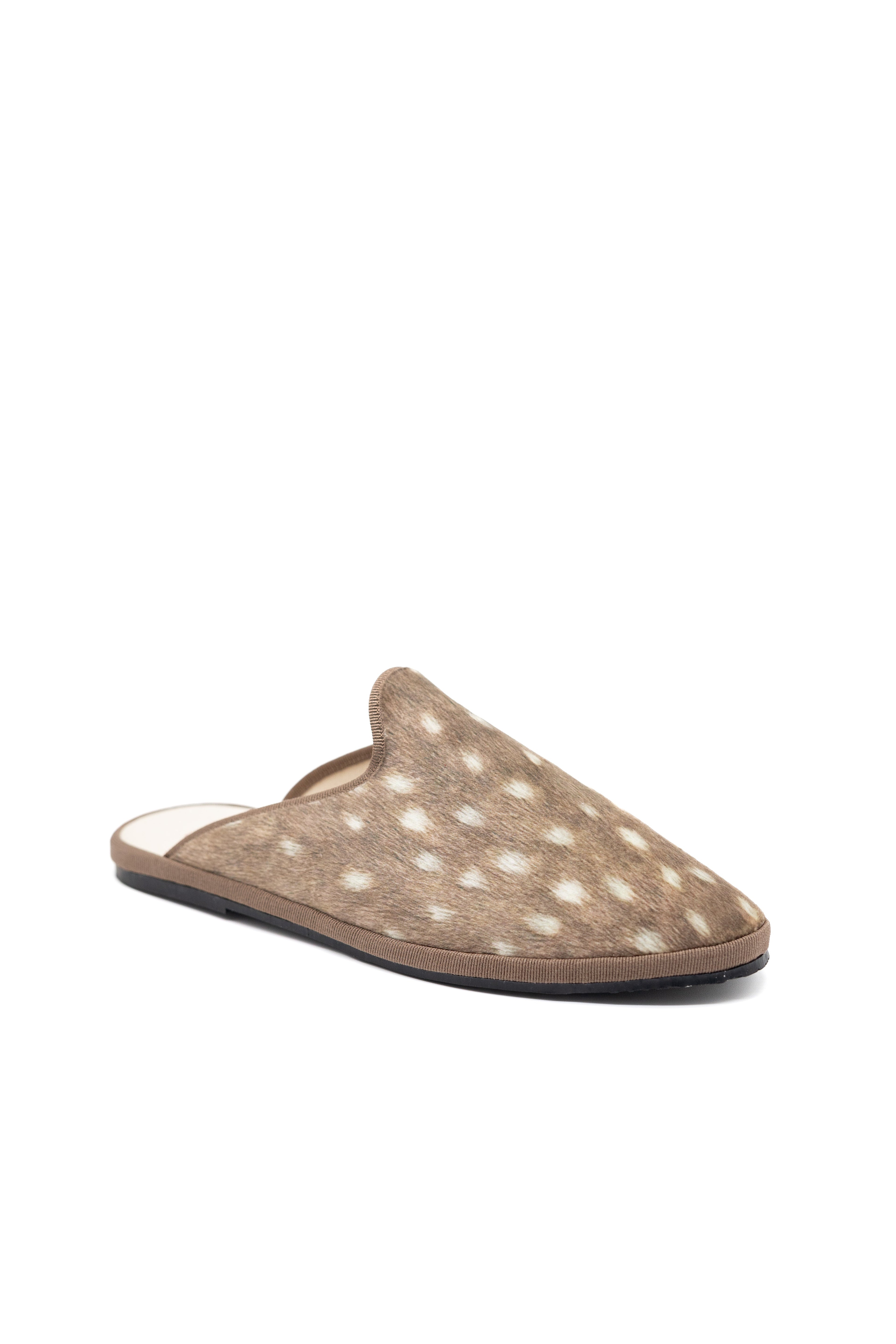 Handcrafted Gondolina Deer Mules with deer print, featuring authentic Venetian design, side view