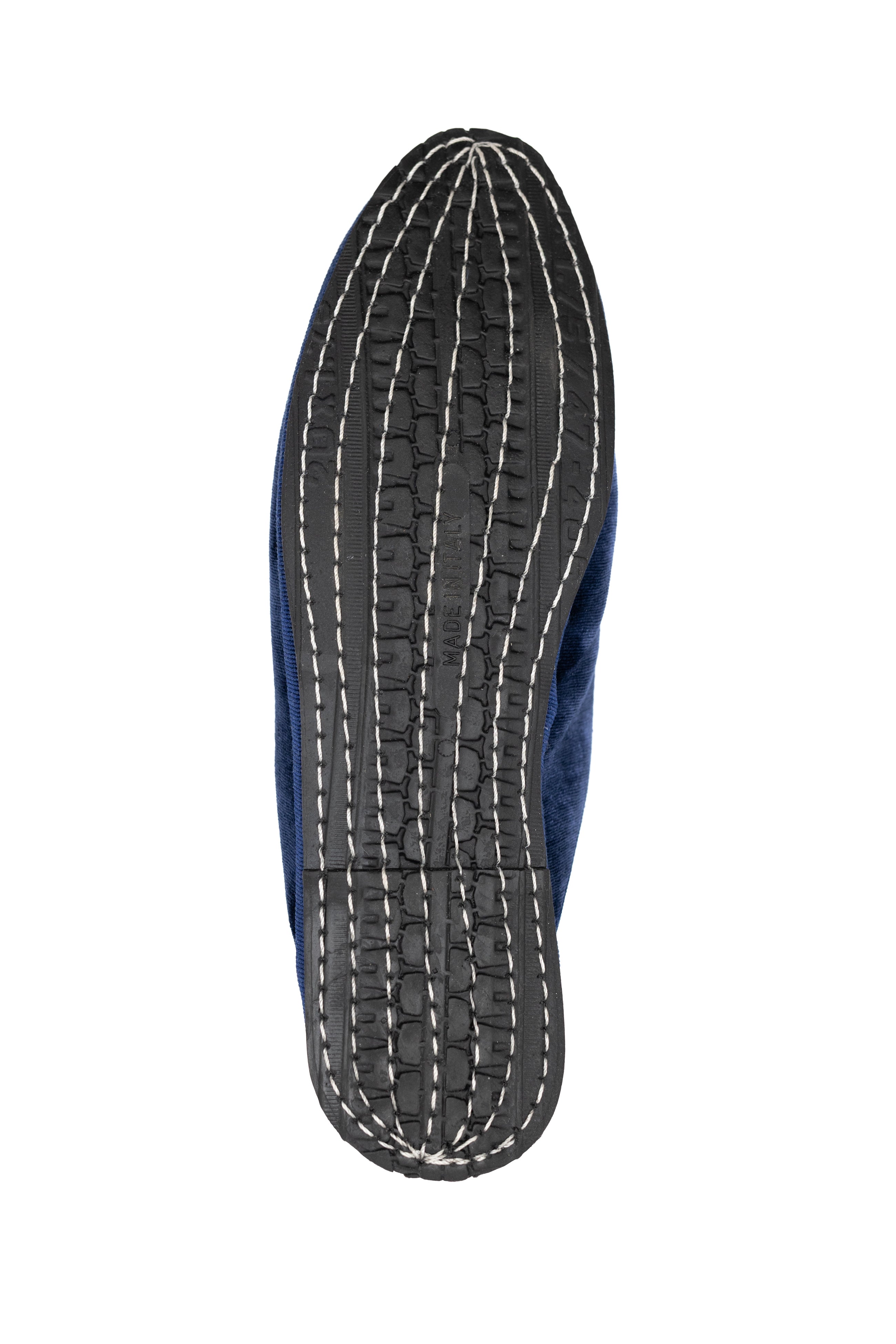 Handcrafted Gondolina Murano Mules in blue silk velvet, featuring authentic Venetian design, sole detail