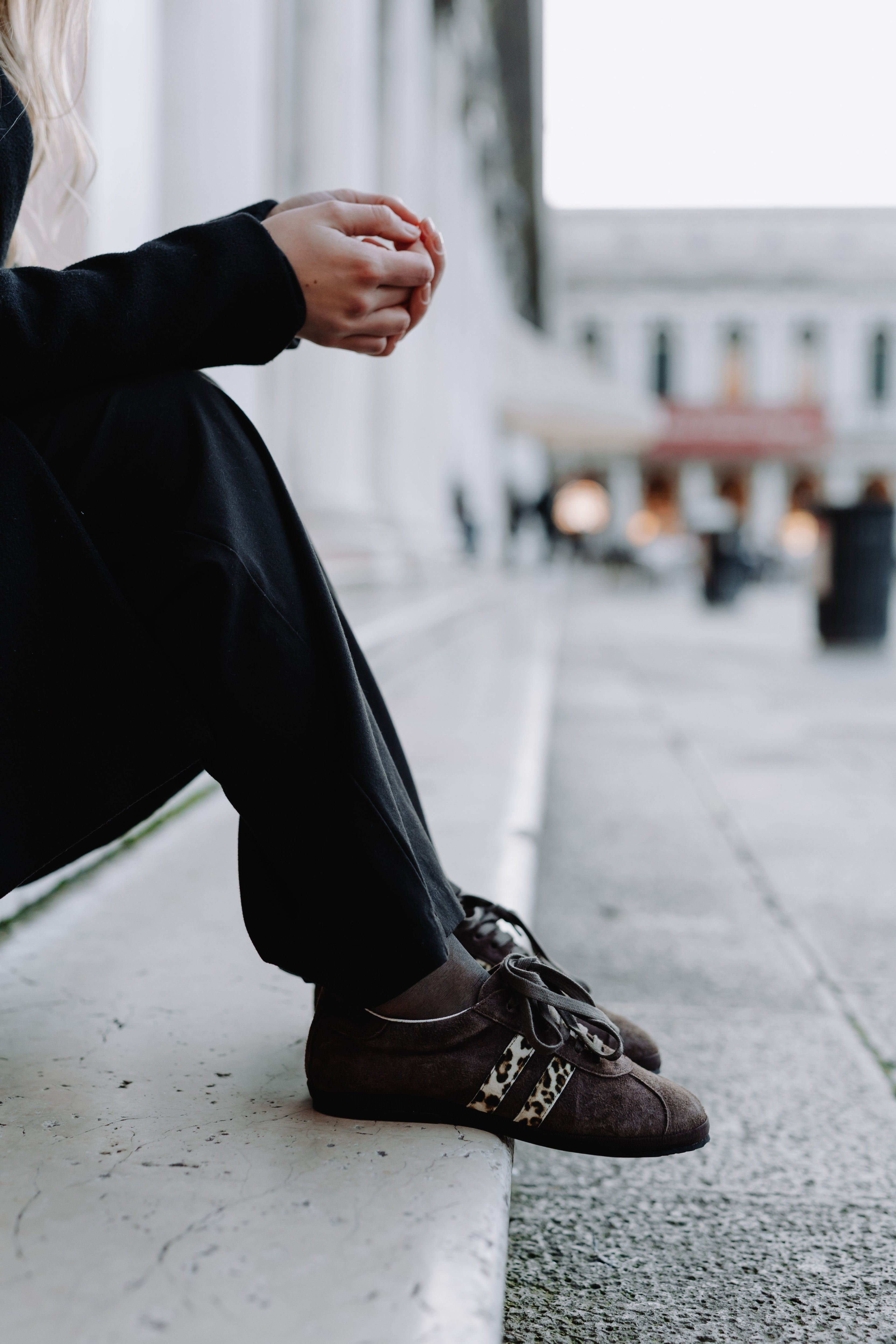 Handcrafted Gondolina Caorlina Sneakers in brown suede and leopard detail, featuring authentic Venetian design, close-up