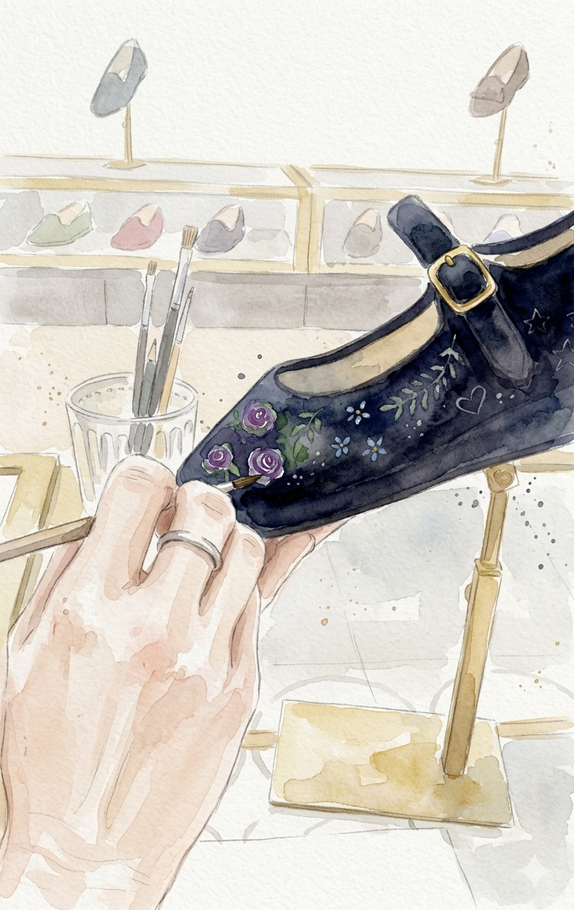 Hand painting a black shoe with floral designs in a workshop setting.